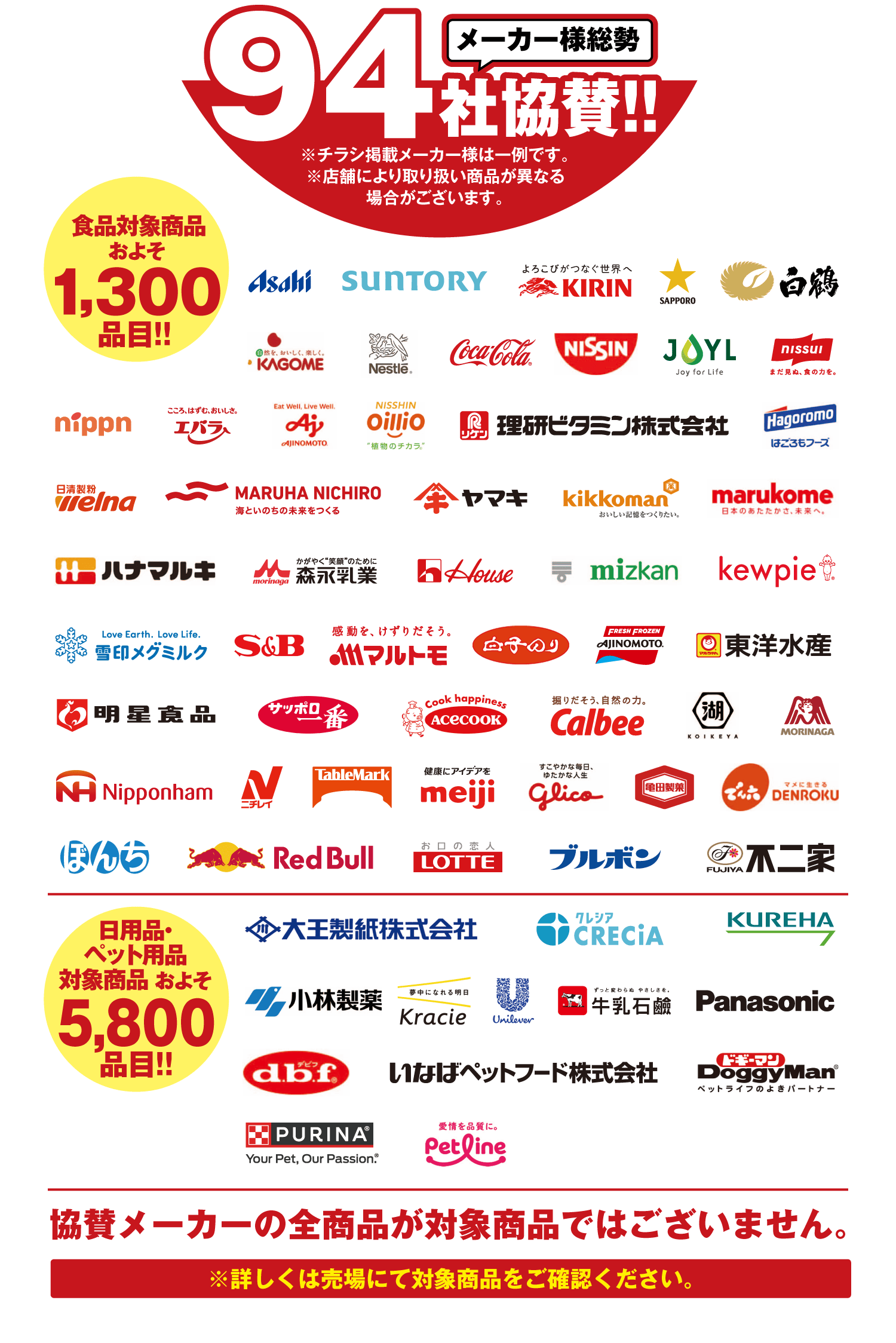 メーカー様総勢94社協賛!※チラシ掲載メーカー様は一例です。※店舗により取り扱い商品が異なる場合がございます。食品対象商品およそ1,300品目!日用品・ペット用品対象商品 およそ5,800品目!協賛メーカーの全商品が対象商品ではございません。※詳しくは売場にて対象商品をご確認ください。