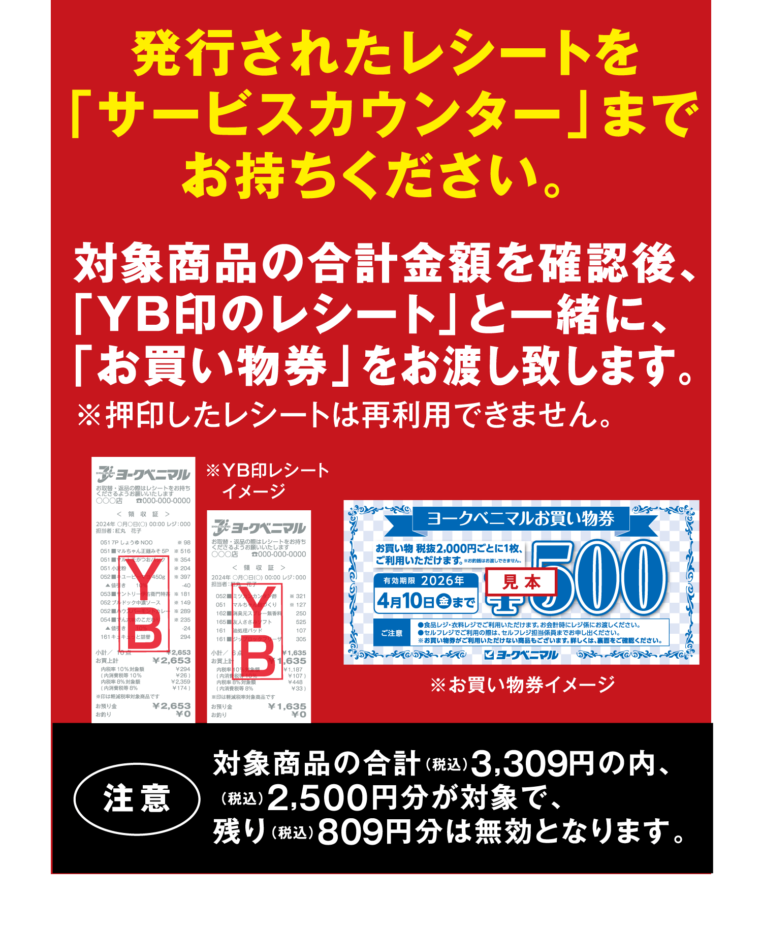 発行されたレシートを「サービスカウンター」までお持ちください。対象商品の合計金額を確認後、「YB印のレシート」と一緒に、「お買い物券」をお渡し致します。※押印したレシートは再利用できません。[注意]対象商品の合計(税込)3,309円の内、(税込)2,500円分が対象で、残り(税込)809円分は無効となります。